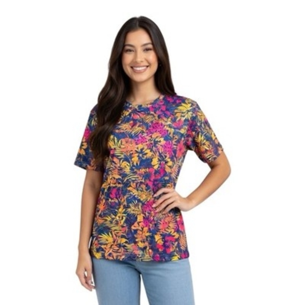 Funeeq Tropical Floral T-Shirt Women's L Multicolor Hawaiian Short Sleeve NWOT